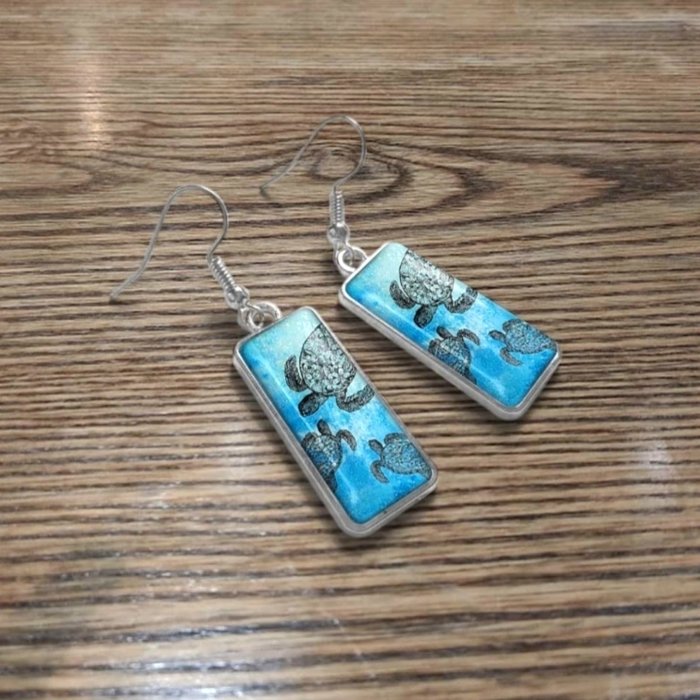 Blue Silver Turtle Earrings